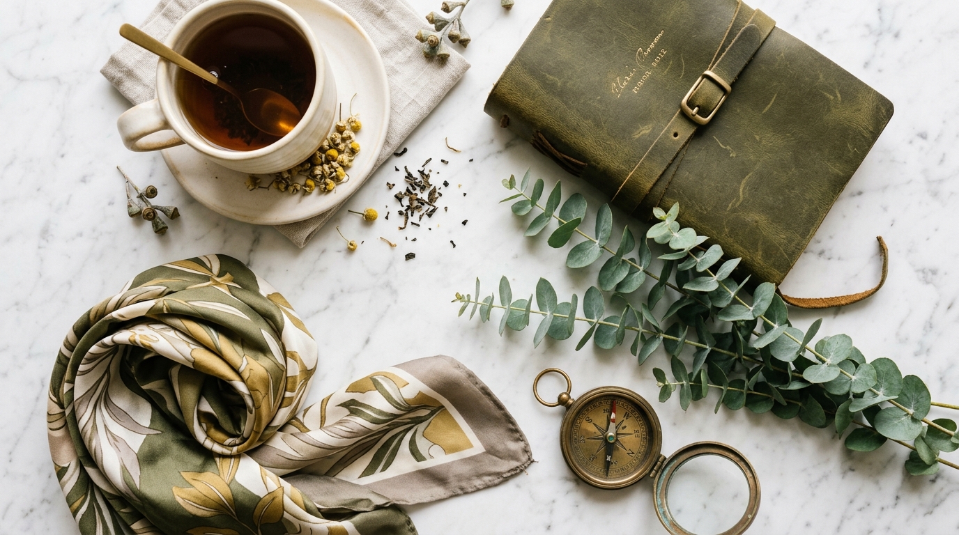 Elegáns flat-lay kompozíció: gyógytea, napló, eukaliptusz ágak márványlapon